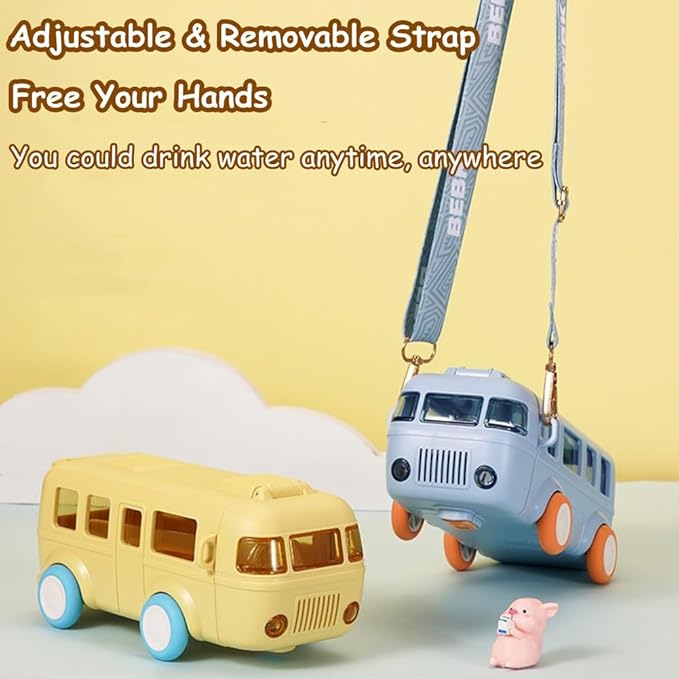 Bus Water Bottle Car Straw Water Cup 17oz Portable Bus Shaped Water Bottle with Strap Cute Drinking Jug with Wheels Leakproof for School, 0P030653O111, Yellow