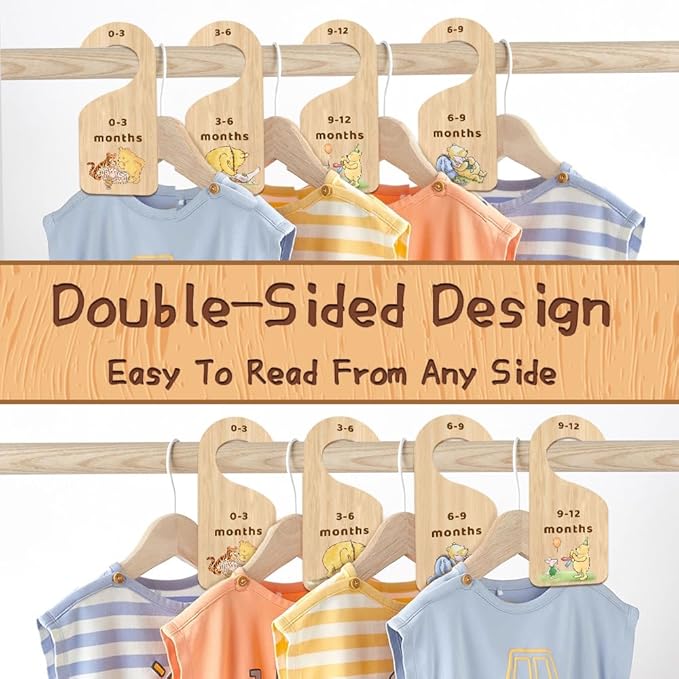 Classic Winnie Baby Closet Dividers, Pooh Bear Double Sided Baby Clothes Organizer for Baby Nursery Decor Wooden Hanger for Newborn Baby Stuff from 0-24+ Months - 8 Pcs