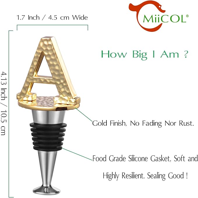 Miicol Wine Stopper, Prosecco Stopper, Wine Bottle Stopper, Personalised Champagne Stopper, Gold Wine Accessories, Wine Lovers Gift, Monogram Gift, Letter A