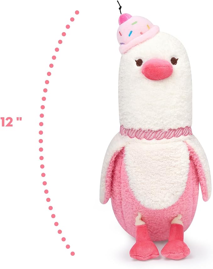 PEACH CAT Banana Duck Plush Pillow with Cherry Cake Hat Banana Duck Stuffed Animal Gift for Girls Boys White and Pink 12"