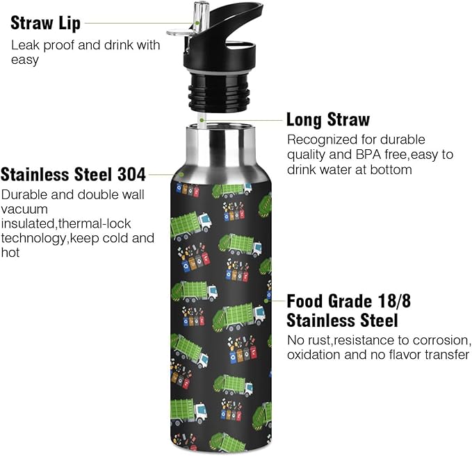 Garbage Truck Trash Recycling Stainless Steel Water Bottle with Straw Lid - 20 Oz Sports Insulated Water Bottle Thermos for Sport Gym Outdoor Travel School (DZ008)