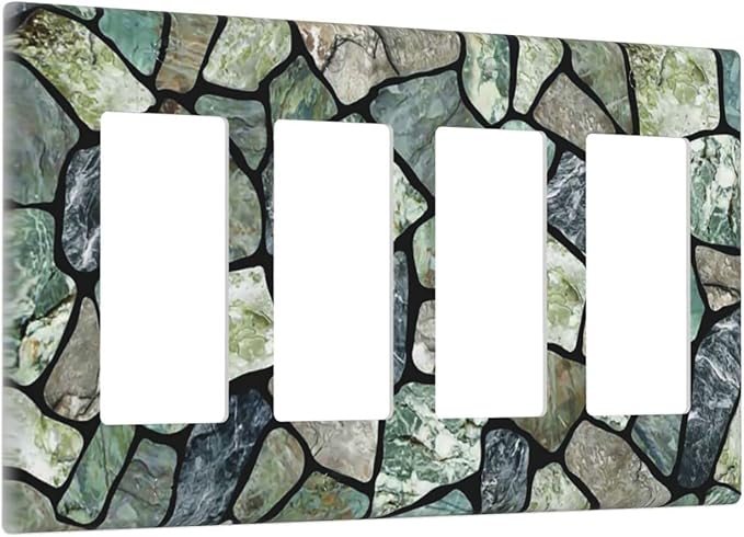 Green Stone Texture Quad Rocker Light Switch Wall Plate Cover Decorative 4-Gang for Outlet Room Bathroom Bedroom Home Kitchen Four Decora Receptacle Polycarbonate Power Gear 4.5" x 8"