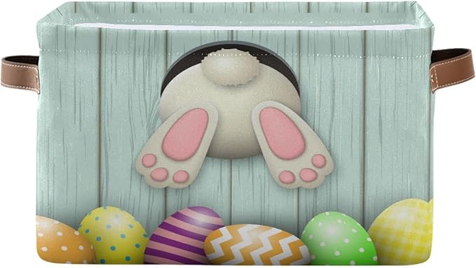 Easter Day Bunny Tail Eggs Storage Basket Fabric Laundry Baskets Happy Easter Rabbit Spring Storage Boxes Organizer Bag for Baby Cloth Dog Toy Book Storage Cubes Shelf Closet Bins 16×12×8 Inches