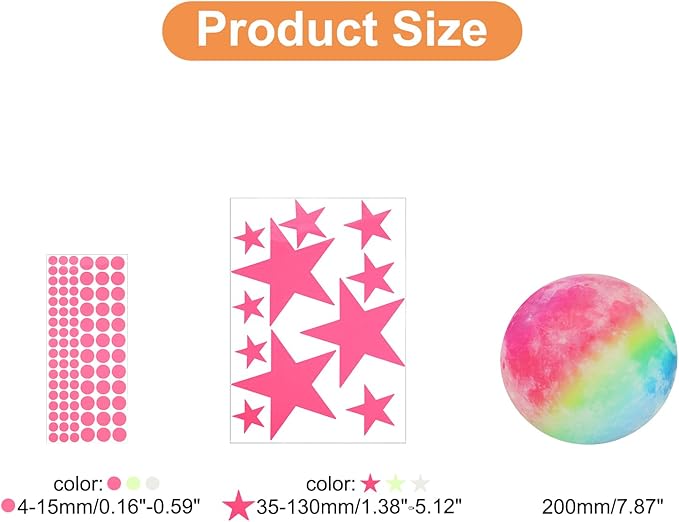 uxcell Glow in The Dark Stickers, Dots and Stars Wall Decals, Glowing Star Decal Decoration for Ceiling and Wall, 200mm Colorful Moon