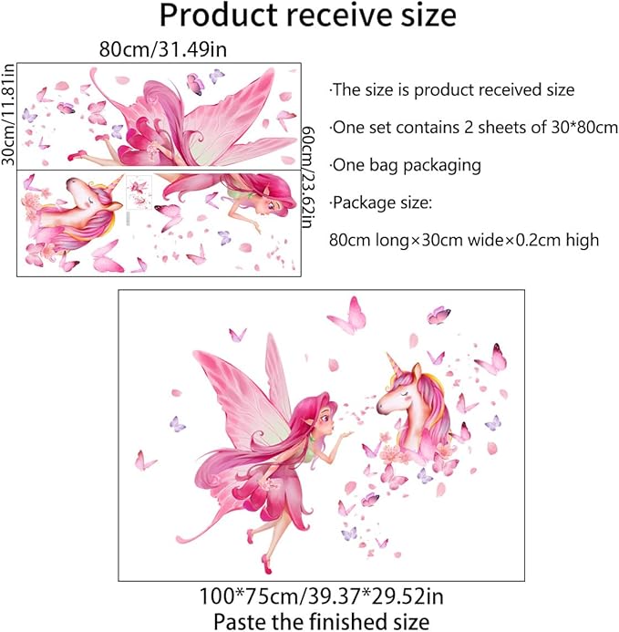Magical Unicorn & Fairy Wall Decals - 80cm x 31.49cm, 2 Sheets, Perfect for Kids' Room Decor