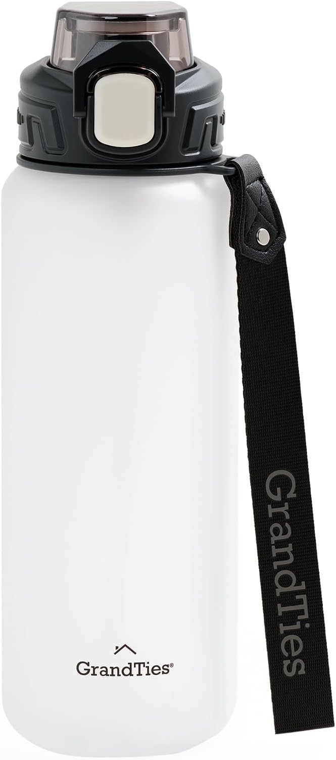 GRANDTIES Sports Tritan Plastic Water Bottle with Straw, Removable – Leakproof BPA Free Dishwasher Safe Travel Water Bottle with Strap for Gym, Outdoor, Fitness (Frosted Snowy White, 28oz (800mL))
