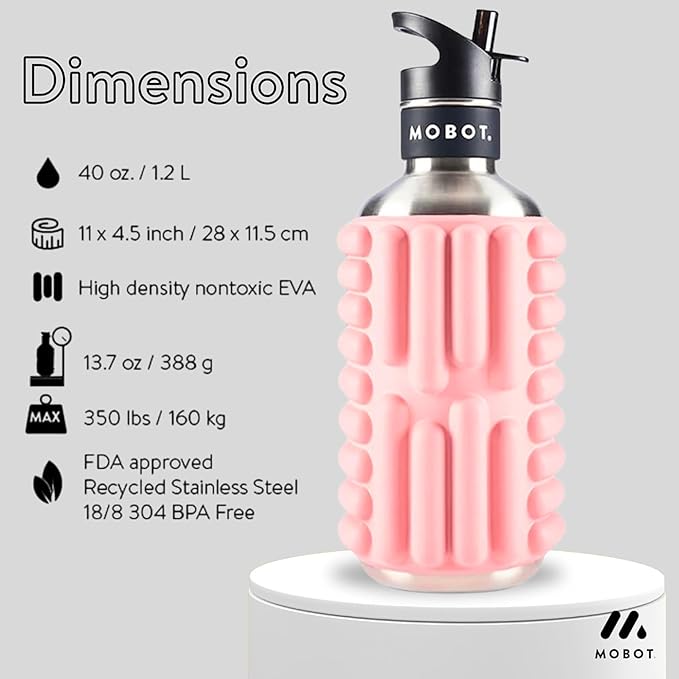 MOBOT Portable Travel Foam Roller Water Bottle with Sip Straw, Stainless Steel Screw Lid | Insulated Sports Water Bottle and Foam Rollers for Yoga, Workout, Home Gym, & Exercise