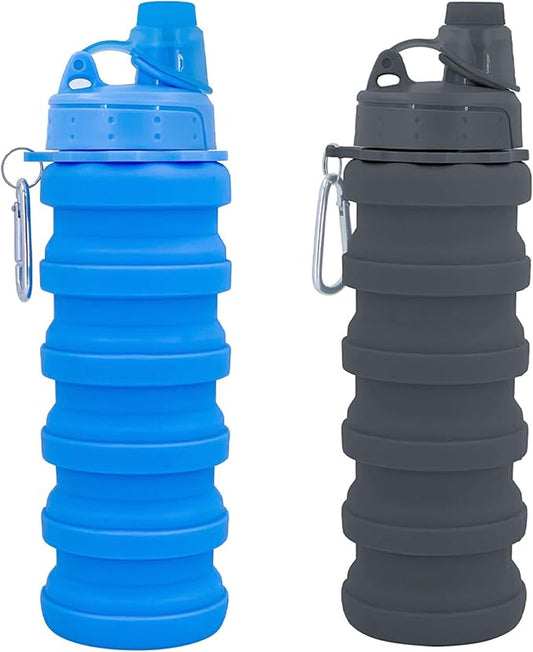 Collapsible Water Bottles Two Pack Travel Sports Portable Sport Water Bottle comes with mountaineering Buckle 500ml silicone Water-proof camping water bottle (Blue and Grey Color)
