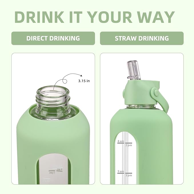 32 oz Glass Water Bottles with Straw Borosilicate Glass Water Bottle with Time Marker Motivational Water Bottles with Silicone Sleeve Leak Proof Reusable BPA Free
