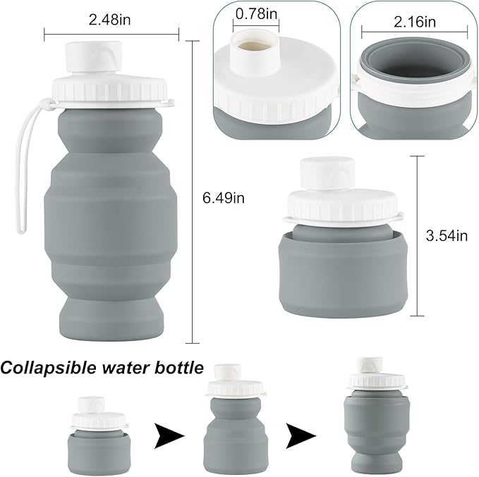 THAIOXYH® Collapsible Water Bottles 11 oz（320ml） Reuseable Foldable Portable BPA Free Silicone Collapsible Water Bottles for Traveling Hiking Camping Sports (grey)…