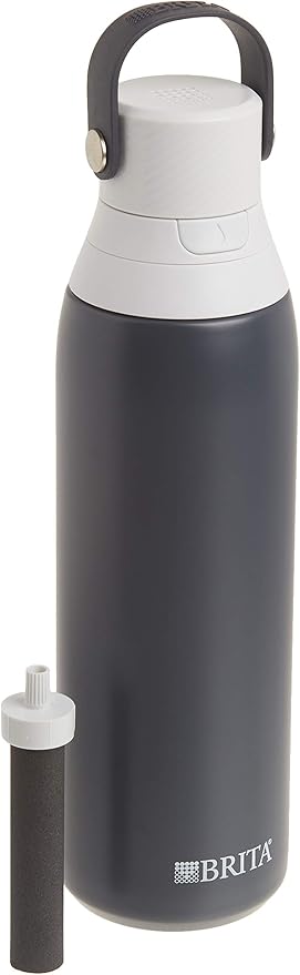 Brita Stainless Steel Premium Filtering Water Bottle, BPA-Free, Reusable, Insulated, Replaces 300 Plastic Water Bottles, Filter Lasts 2 Months or 40 Gallons, Includes 1 Filter, Carbon - 20 oz.