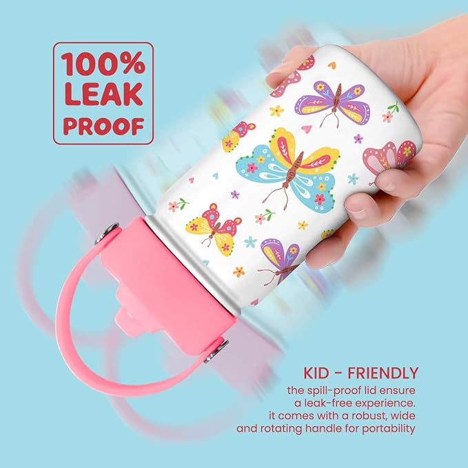 Kids Water Bottle with Straw Lid - 12 Oz Insulated Stainless Steel Water Bottles for Toddlers Kid Girl- Travel Cup for School Sports