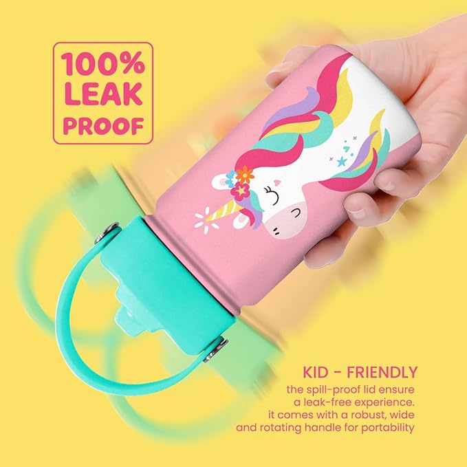 Unicorn Water Bottle - Kids Water Bottle with Straw Lid - 12 Oz Insulated Stainless Steel Water Bottles for Toddlers Kid Girls - Travel Cup for School Sports
