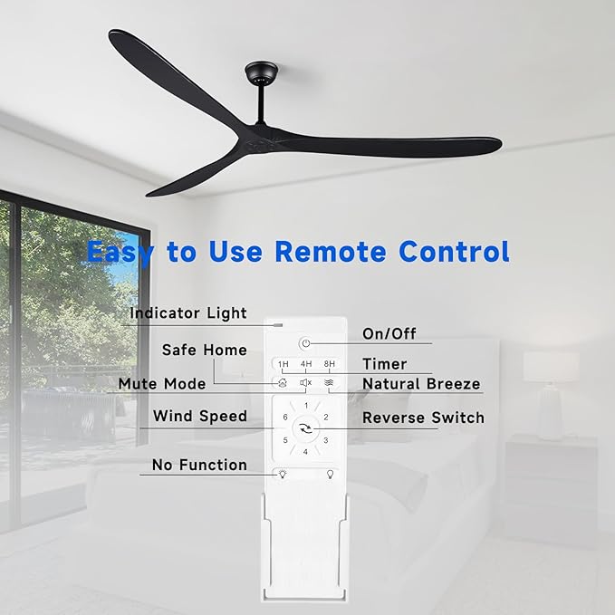 Bigzone 88" Large Black Ceiling Fan With Remote Control, DC Motor Quiet Energy Saving,3 Black Balsa Wood Blades,Outdoor/Indoor Ceiling Fan With Reversible Blades