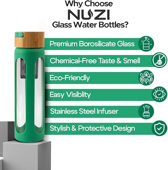 Glass Water Bottles with Stainless Steel Fruit Infuser | Insulated Water Bottle | Reusable Glass Water Bottles with Silicone Sleeve & Bamboo Lid | BPA Free and Leakproof | Sea Green | 1 Pc