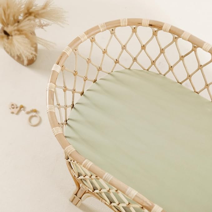 GRSSDER Stretchy Ultra Soft Fitted Bassinet Sheet 3 Pack, Universal Fit for Bassinets Baby Cradle Moses Basket Oval Rectangle Mattress Safe and Snug, Jersey Bassinet Sheets for Girls, White/Sage