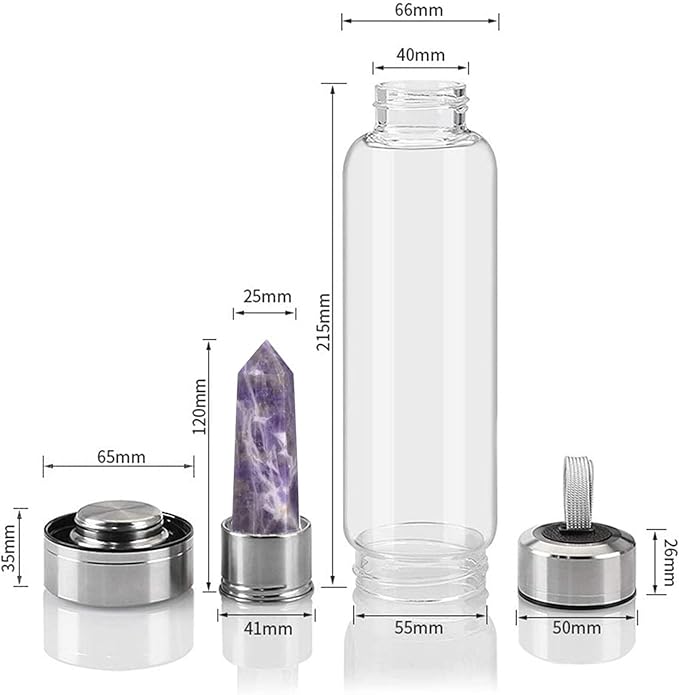 Crystal Glass Water Bottle, Glass Water Bottle with Changeable Natural Crystal Center, Quartz Gemstone Water Bottle for Natural