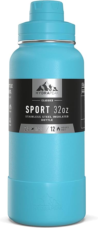Hydrapeak 32oz Sport Insulated Water Bottle with Chug Lid, Leak & Spill Proof, Keeps Drinks Cold for 24 Hours, Hot for 12 Hours, Premium Stainless Steel Water Bottles (32oz, Belize)