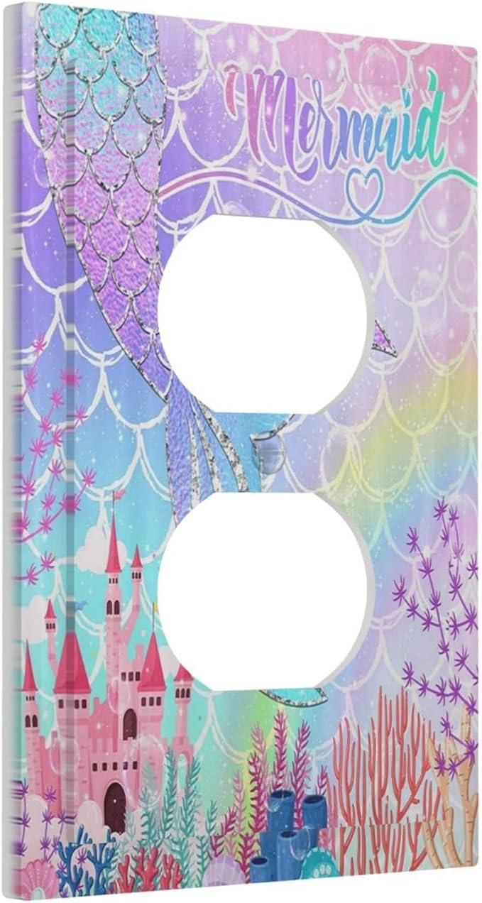 Silvery Glitter Cute Mermaid Tail Fantasy Castle Single Duplex Wall Plate Covers Light Switch Cover 1 Gang Outlet Plate Decorative Switchplate Covers Electrical Faceplate for Kidroom Nursery Decor
