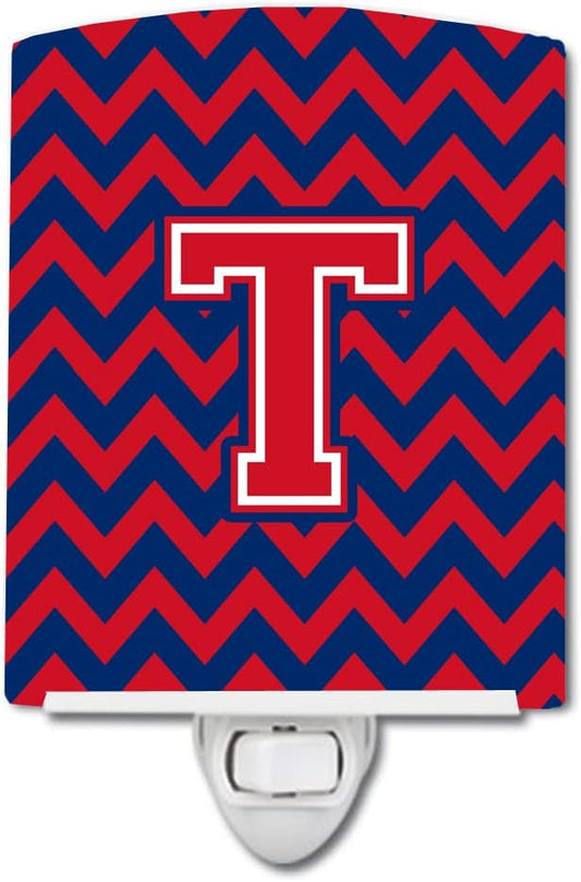 Caroline's Treasures CJ1054-TCNL Letter T Chevron Yale Blue and Crimson Ceramic Night Light Compact, UL-Certified, Ideal for Bedroom, Bathroom, Nursery, Hallway, Kitchen, 6x4x3, Multicolor