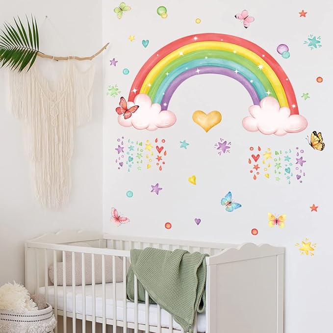 Rainbow Wall Decals Colourful Butterflies Cloud Wall Stickers Girls Bedroom Baby Nursery Playroom Wall Decor Gifts for Girls