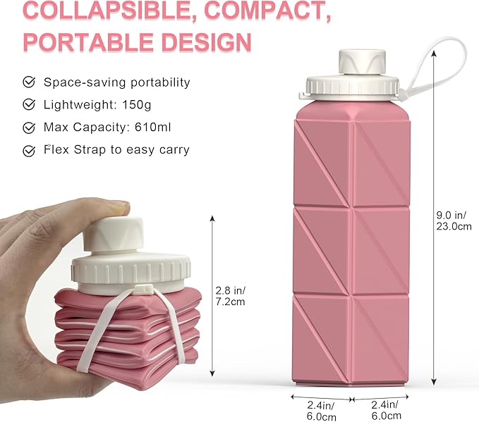 Collapsible Water Bottles, Silicone Foldable Portable Water Bottle 610ml, Lightweight Reusable Leakproof for Sports and Outdoor, 1 Pack (Pink)