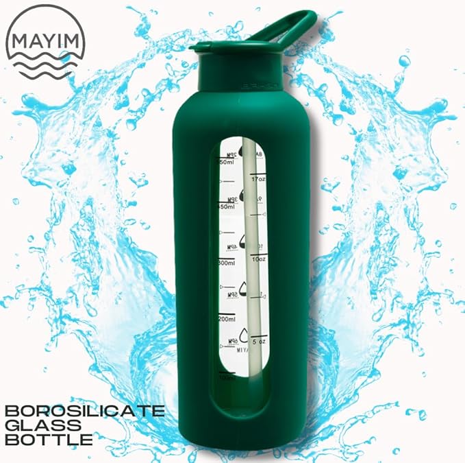 Mayim 24 Oz Glass Tumbler with Straw and Handle, Reusable Motivational Glass Water Bottle with Silicone Sleeve and Time Marker, Leak Proof Borosilicate Water Bottle -Kelly Green
