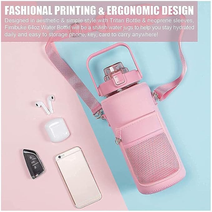 Motivational Water Bottle, Insulated Storage Sleeve, Carrying Strap, Pop Up Straw Pink