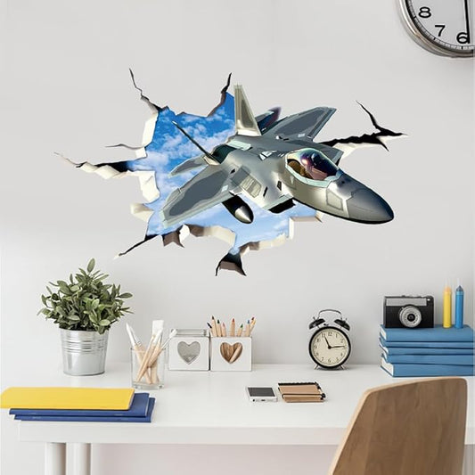 SUPERDANT 3D Break Sky Wall Sticker Fighter Jet Plane 3D Wall Decals Airplane Peel and Stick Vinyl Watercolor Art Decor for Boys Kids Room Living Room Nursery Bedroom Playroom Wall Decor