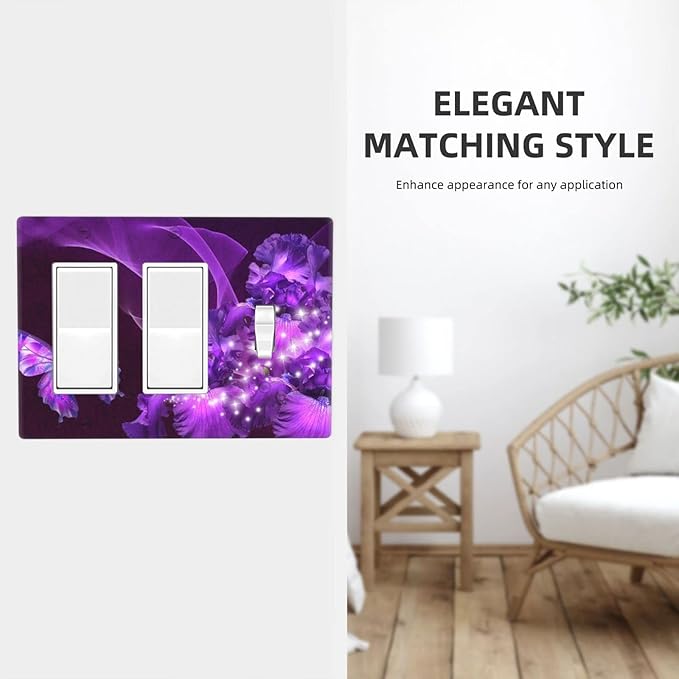 Purple Butterfly Flower Combo 2 Rocker 1 Toggle Light Switch Wall Plate Cover Decorative 3-Gang for Electrical Outlets Girls Room Bathroom Bedroom Home Kitchen Two Decora Receptacle 4.5" x 6.38"
