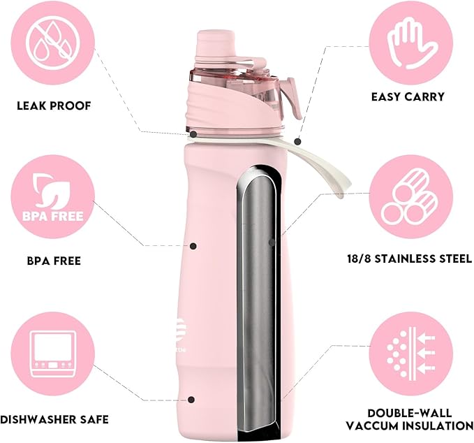 Misting Water Bottle, 24oz Insulated Water Bottle, 2-in-1 Mist & Sip Stainless Steel Water Bottles, Thermo for Hot Drinks/Cold Drinks, Sports Water Bottle for Hiking, Running, Gym, Light Pink