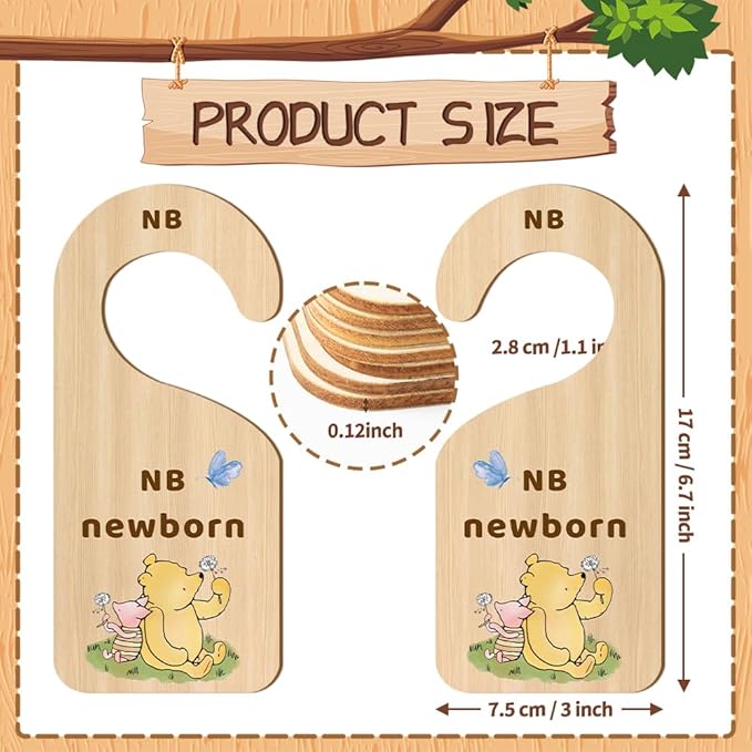 Classic Winnie Baby Closet Dividers, Pooh Bear Double Sided Baby Clothes Organizer for Baby Nursery Decor Wooden Hanger for Newborn Baby Stuff from 0-24+ Months - 8 Pcs