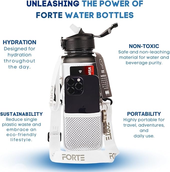 FORTE Plastic Water Bottle with Sleeve - BPA-Free Water Jug with Leak Proof Lid and Straw - Perfect for Gym, Office, and Everyday Use (White)