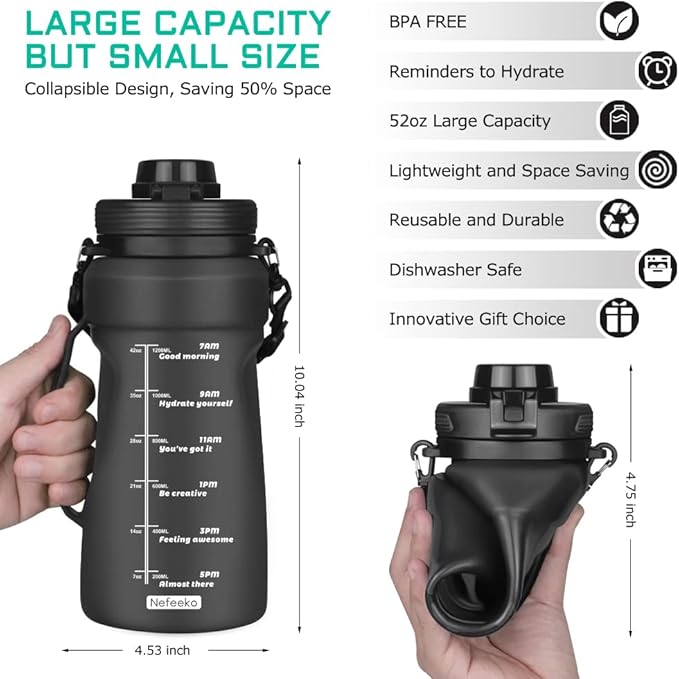 Nefeeko Collapsible Water Bottles, 1.5L Reusable Collapsible Water Bottle for Travel Leakproof, BPA Free Foldable Silicone Water Bottles with Straw for Traveling Sport Gym Camping Hiking