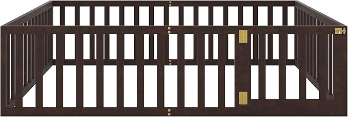 Queen Size Floor Bedframe with Door and Safety Guardrails Fence, Solid Wooden Toddler Montessori Platform Bed for Children Bedroom, Boys Girls, Kids Playroom