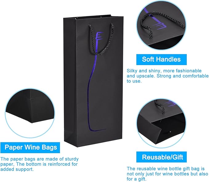 uxcell Wine Bags, 1pcs Black Blue 7 x 3 x 16 In Wine Gift Bags with Rope Handles Paper Wine Tote Bag for Wedding Birthday Christmas Party Supplies