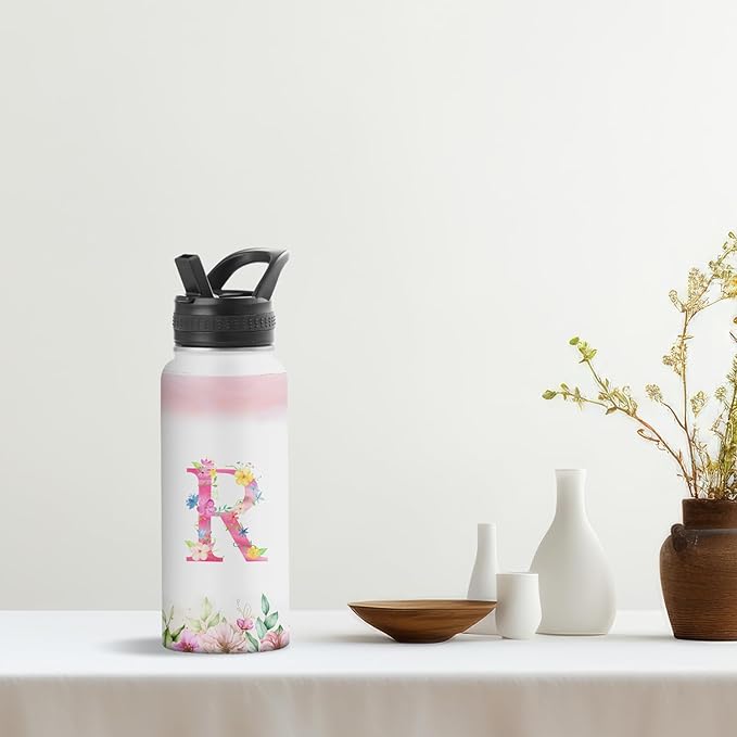 Personalized 32oz Water Bottle with Straw Customized Initial Letter Sport Bottles Monogrammed Initial Insulated Bottle Coffee Mug for Travel (R)