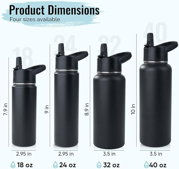 Stainless Steel Water bottle with Straw & Wide Mouth Lid, Wide Rotating Handle, 18oz Double Wall Vacuum Insulated Water Bottle Leak Proof, BPA Free, Keep Cold and Hot, 18oz, Black