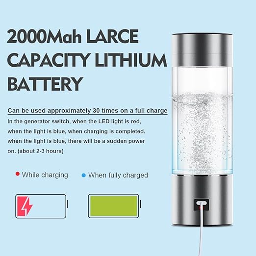 Hydrogen Water Bottle is a 3-Purpose Hydrogen Water Generator That uses Advanced SPE and PEM 15 Minutes About 5000 ppb of odourless Hydrogen Water(Silver/380ML)