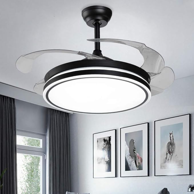 Invisible Ceiling Fans with Light Retractable Blades Modern Ceiling Fan Chandelier Remote Control Fan Lights for Living Room Indoor LED Ceiling Light Fans (42 Inch, Black-01)
