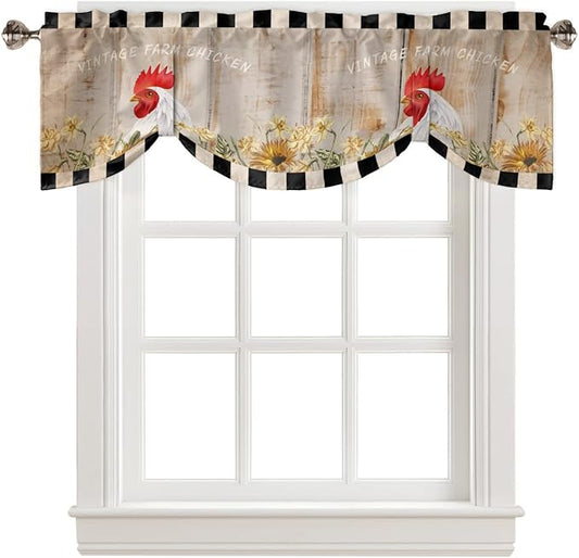 Farmhouse Blackout Tie Up Valance Curtains for Kitchen Windows Sunflower Vintage Farm Chicken Window Toppers Balloon Shades for Living Room/Bathroom/Bedroom,1 Panel,60" X 18" Black White Plaid