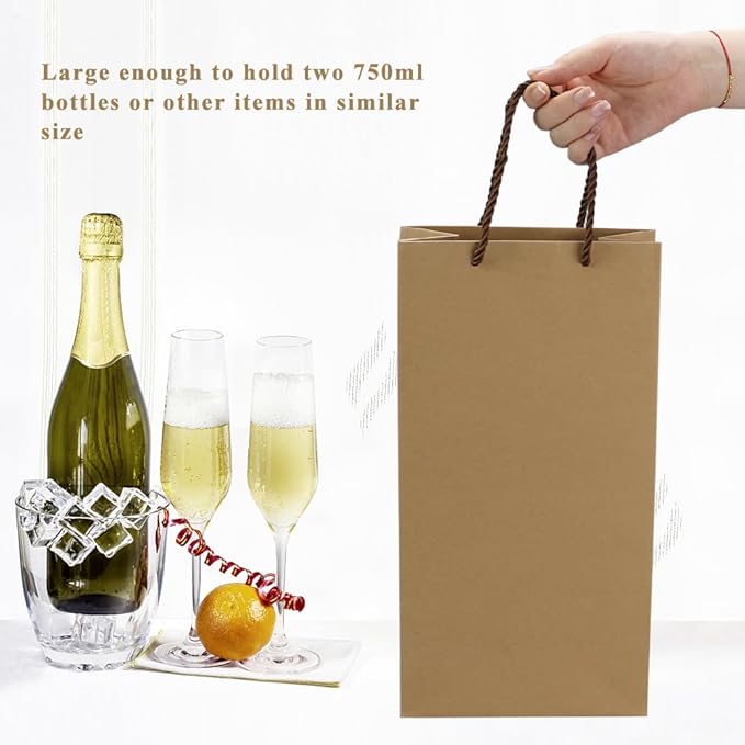 Prembag Kraft Paper Wine Bags for Double Wine Bottle,Double Wine Gift Bags, 7"x 3.5"x13.8" Whiskey/Liquor Wine Bottle Bags For Gifts, 2 Bottle Wine Bags with Rope Handles,4 Pcs