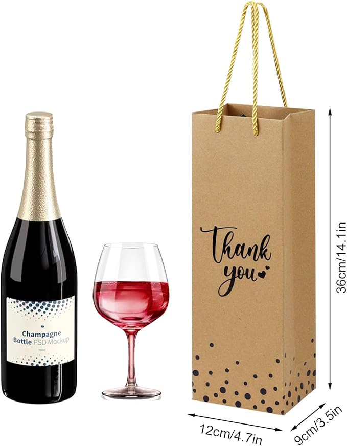 Ssyuysto 12 Pcs Wine Gift Bags for Wine Bottles Elegant Thank You Wine Gift Bags with Metallic Gold Foil Print,4.7"x3.5"x 14.1" Kraft Wine Gift Bags with Rope Handles for Wedding Bottle (Brown)