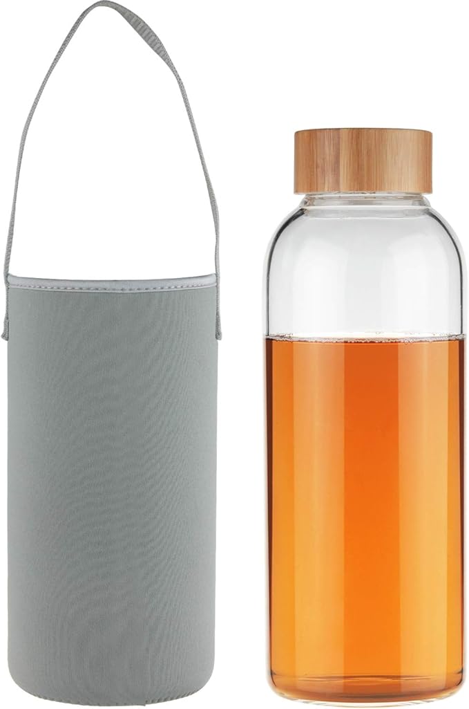 48 oz Sports Borosilicate Glass Water Bottle with Bamboo Lid with Neoprene Sleeve