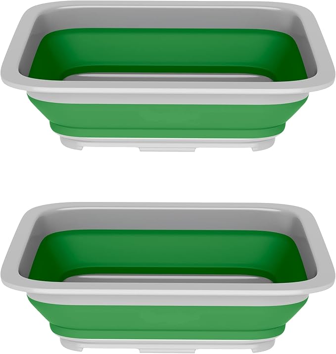 Set of 2 Multipurpose Wash Bins – 10-Liter Basins for Camping, Parties, or Cleaning – Collapsible Bucket Set by Wakeman (Green)