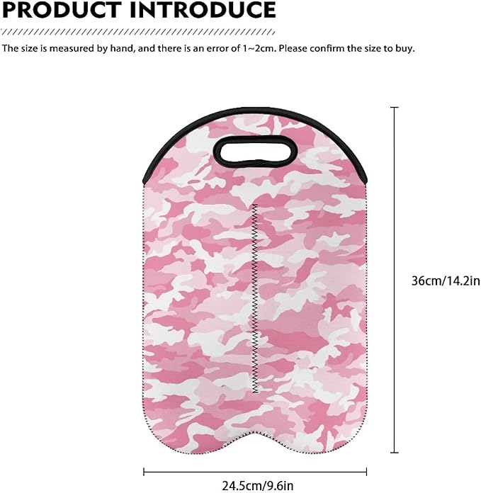 doginthehole 2 Bottle Insulated Wine Cooler Bag Camo Design Wine Carrier Tote Bag Pink Wine Bag Neoprene Champagne Bottle Protector Sleeve for Travel, Picnic, Party for Women Men Wine Lovers