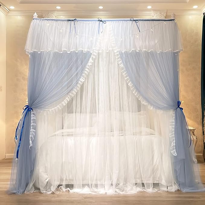 Mengersi Canopy Bed Curtains with Lights,4 Corner Bed Canopy Royal Luxurious Bed Drapes Netting,Princess Bed Curtains for Girls Adults Bedroom Decoration (Gray Blue, King)