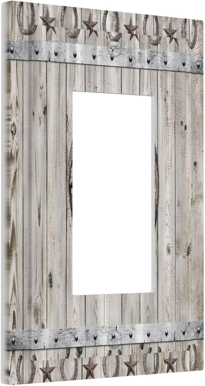 Rustic Western Wood Barn Door Horseshoe Iron Star 1 Gang Rocker Light Switch Covers Single Decora Outlet Wall Plate Decorative Switchplate Faceplate GFCI for Farmhouse Country Bedroom Decor