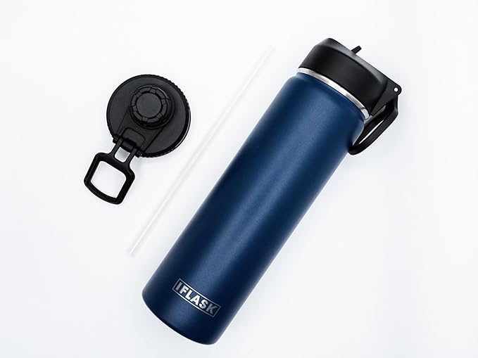 Sport Travel Outdoor Water Bottle with Spout and Straw Lids | Leak Proof | Insulated Stainless Steel Double Walled | BPA and Sweat free | Hot & Cold | For Kids Men & Women (Navy, 22 oz)