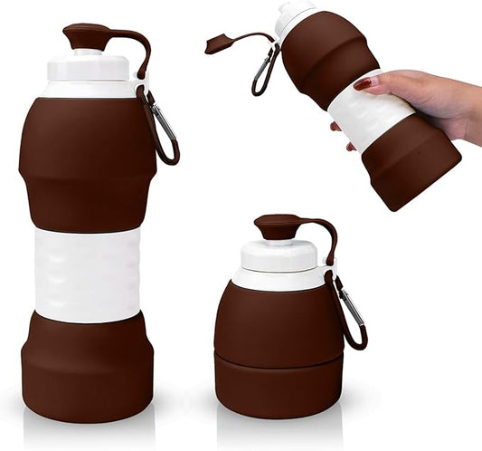 Collapsible Water Bottle, 19.6oz Leakproof Foldable BPA Free Silicone Reusable Sports Bottle, Portable Refillable Bottles with Carabiner, Ideal for Travel Hiking Outdoor Camping Gym (Brown)